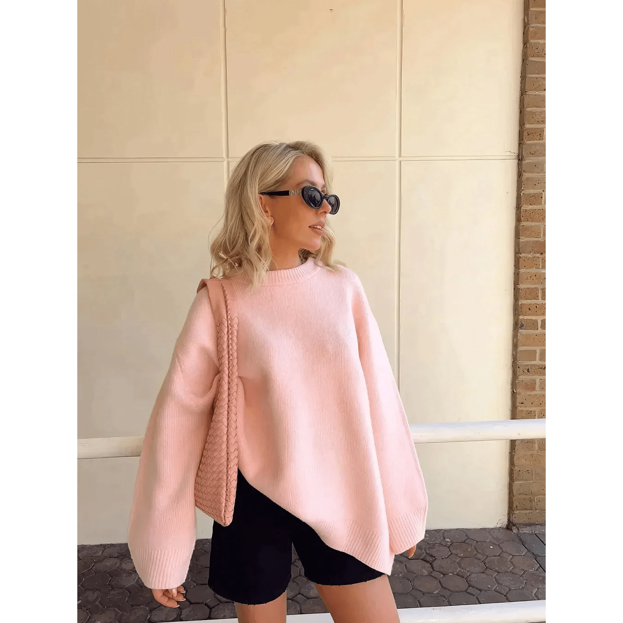 Rosa Grovstickad Tröja med Rund Hals