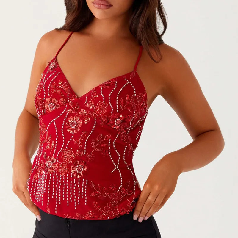 Rosa Paljettlinne med Halterneck och Strassdetaljer