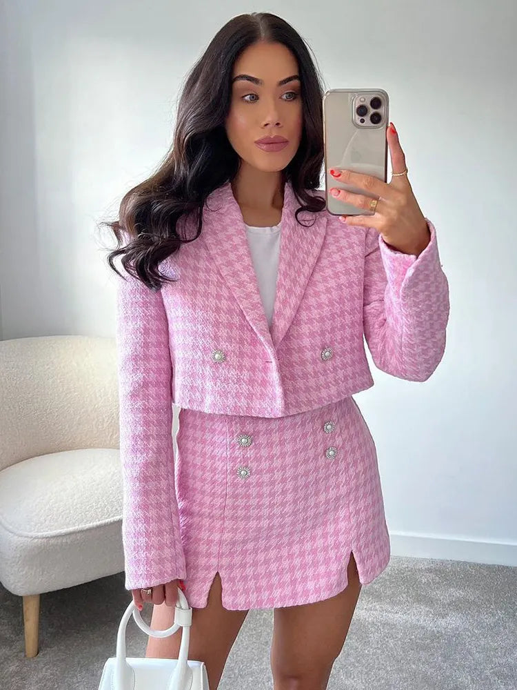 Rosa Tartan Matchande Set med Kort Blazer