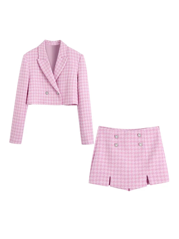 Rosa Tartan Matchande Set med Kort Blazer