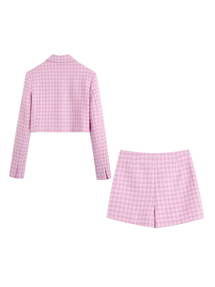 Rosa Tartan Matchande Set med Kort Blazer
