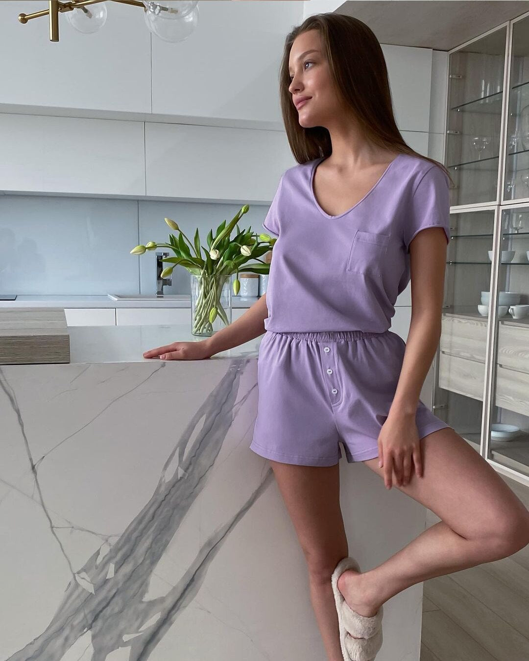 Vit Bomull Matchande Set med Shorts