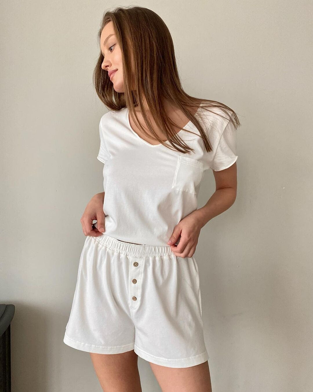 Vit Bomull Matchande Set med Shorts