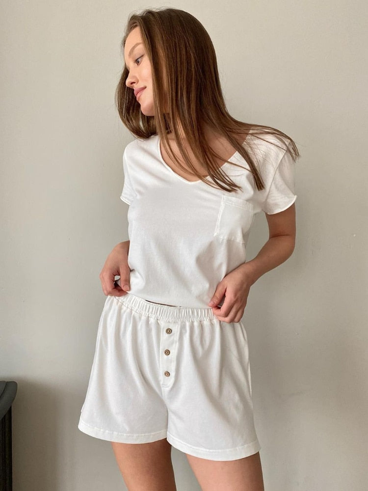 Vit Bomull Matchande Set med Shorts