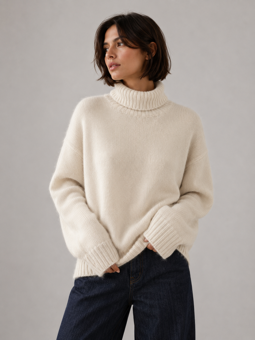 Vit Kashmir Oversized Tröja med Polokrage
