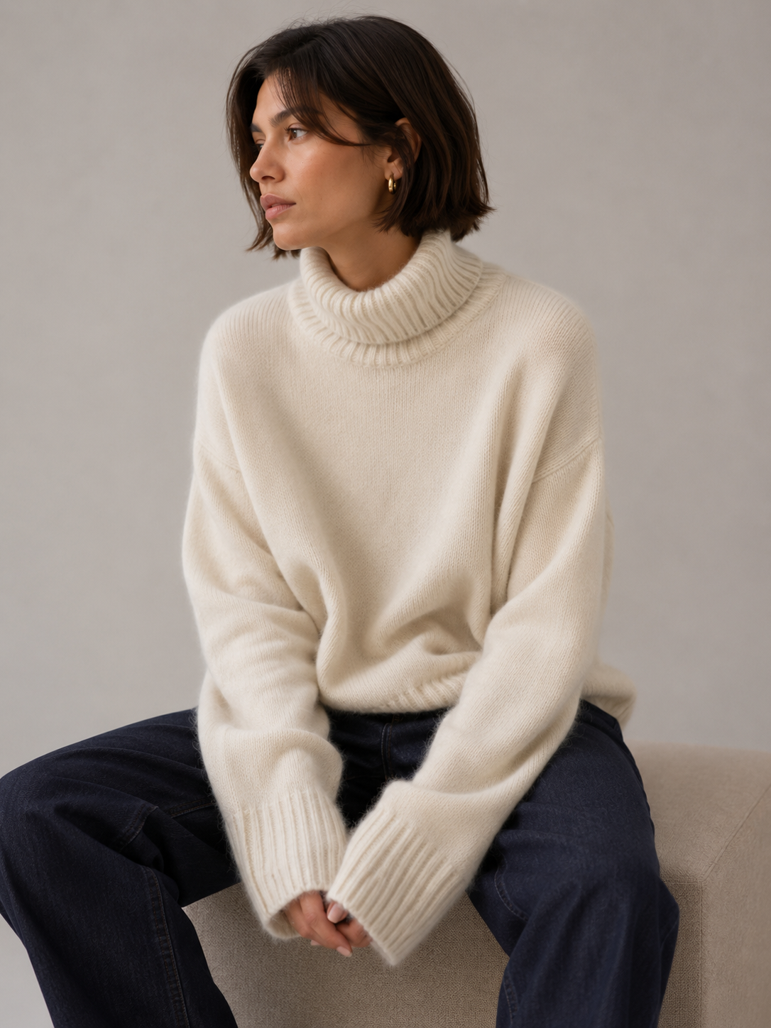 Vit Kashmir Oversized Tröja med Polokrage