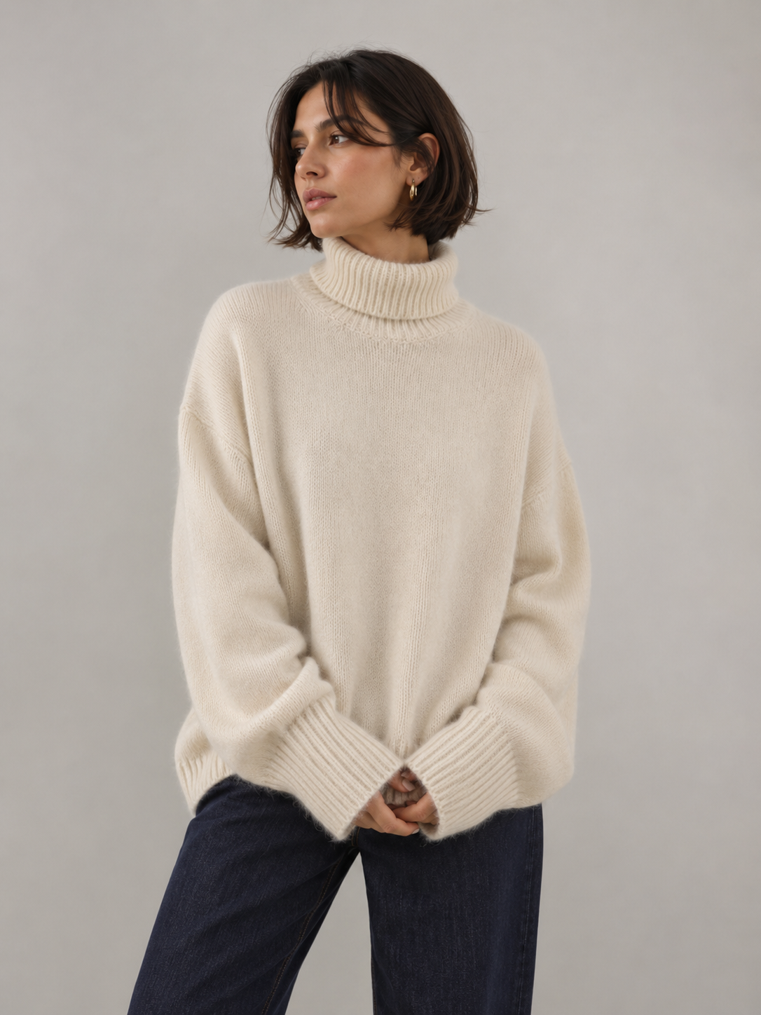 Vit Kashmir Oversized Tröja med Polokrage
