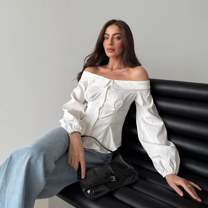Vit Ribbad Topp med Off-shoulder-hals
