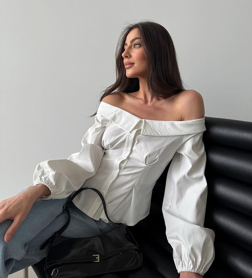 Vit Ribbad Topp med Off-shoulder-hals