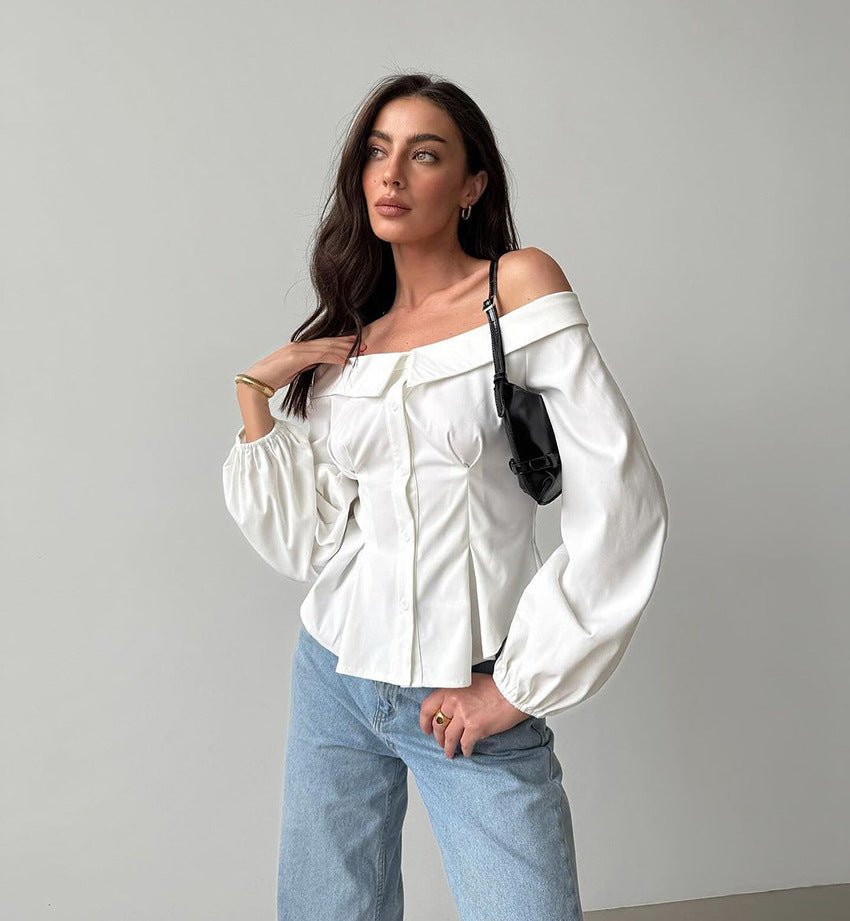 Vit Ribbad Topp med Off-shoulder-hals