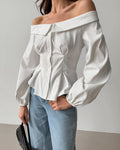 Vit Ribbad Topp med Off-shoulder-hals