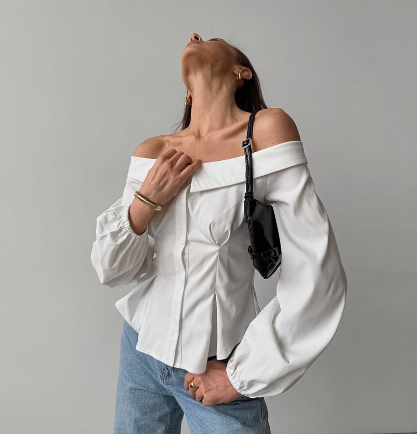 Vit Ribbad Topp med Off-shoulder-hals