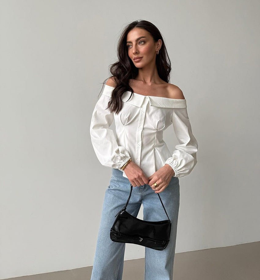 Vit Ribbad Topp med Off-shoulder-hals
